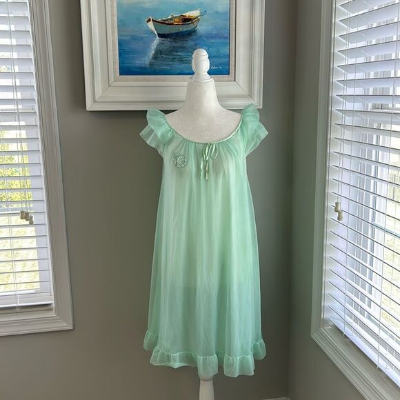 Vtg Gossard Artemis Green Floral Chiffon Nightgown - Picture 2 of 12